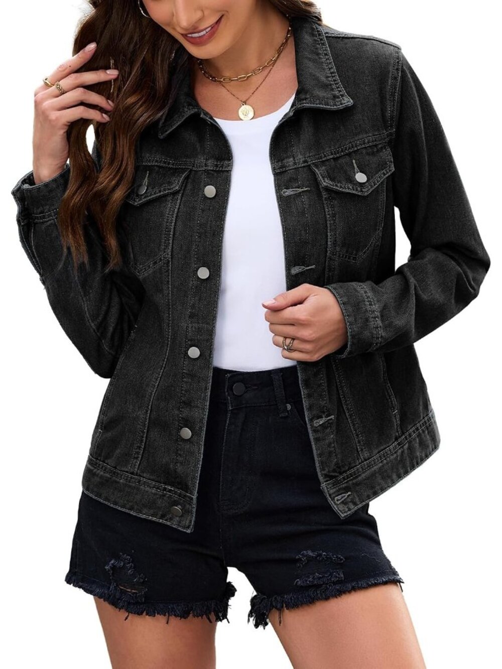 〽️ Women’s Black Long Sleeve Button Down Cropped Fitted Denim Jean Jacket